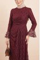 Kol Manşeti Volanlı Önü Drapeli Astarlı Dantel Elbise -Bordo