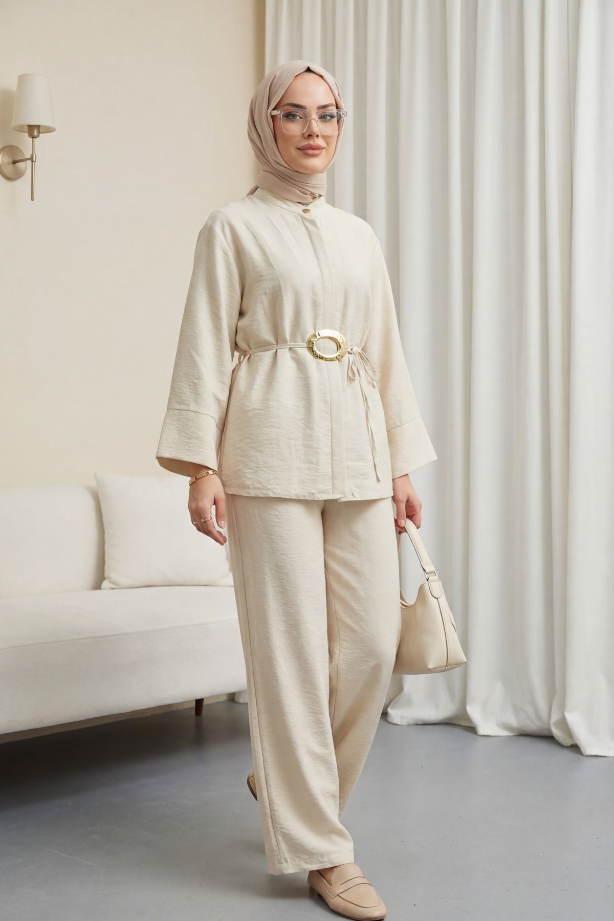 Beli Kemerli Yarım Düğmeli Pantolonlu Cupra Takım  -Bej