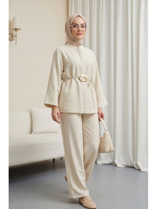 Beli Kemerli Yarım Düğmeli Pantolonlu Cupra Takım  -Bej