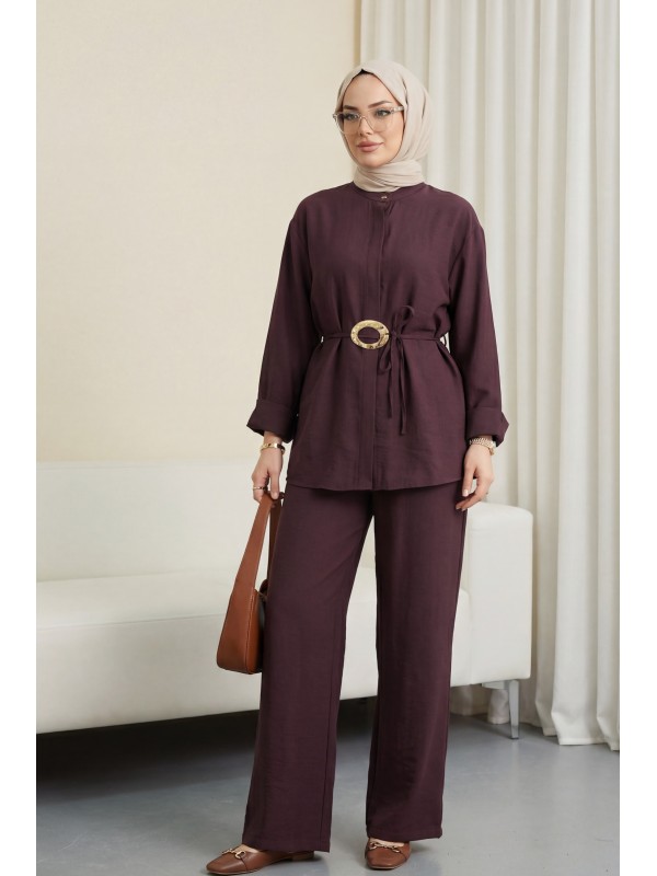 Beli Kemerli Yarım Düğmeli Pantolonlu Cupra Takım  -Mürdüm