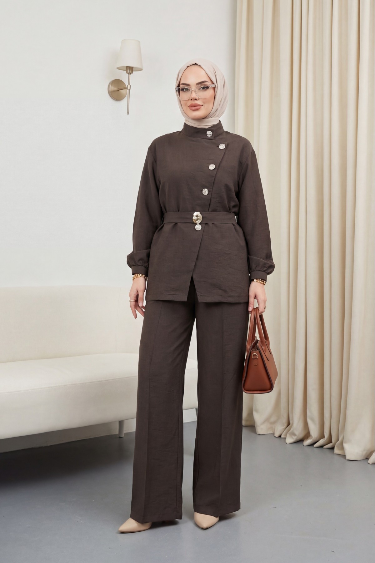 Gold Düğmeli Tokalı Kemerli Fırfır Detaylı Cupra Takım  -K. Kahve