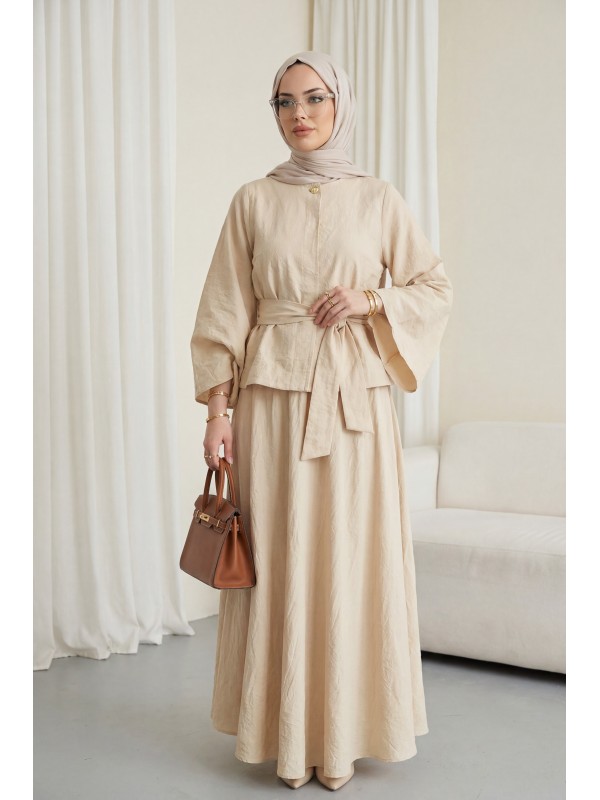Tek Düğmeli Kuşaklı Etekliİkili Takım -Bej