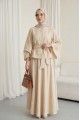 Tek Düğmeli Kuşaklı Etekliİkili Takım -Bej