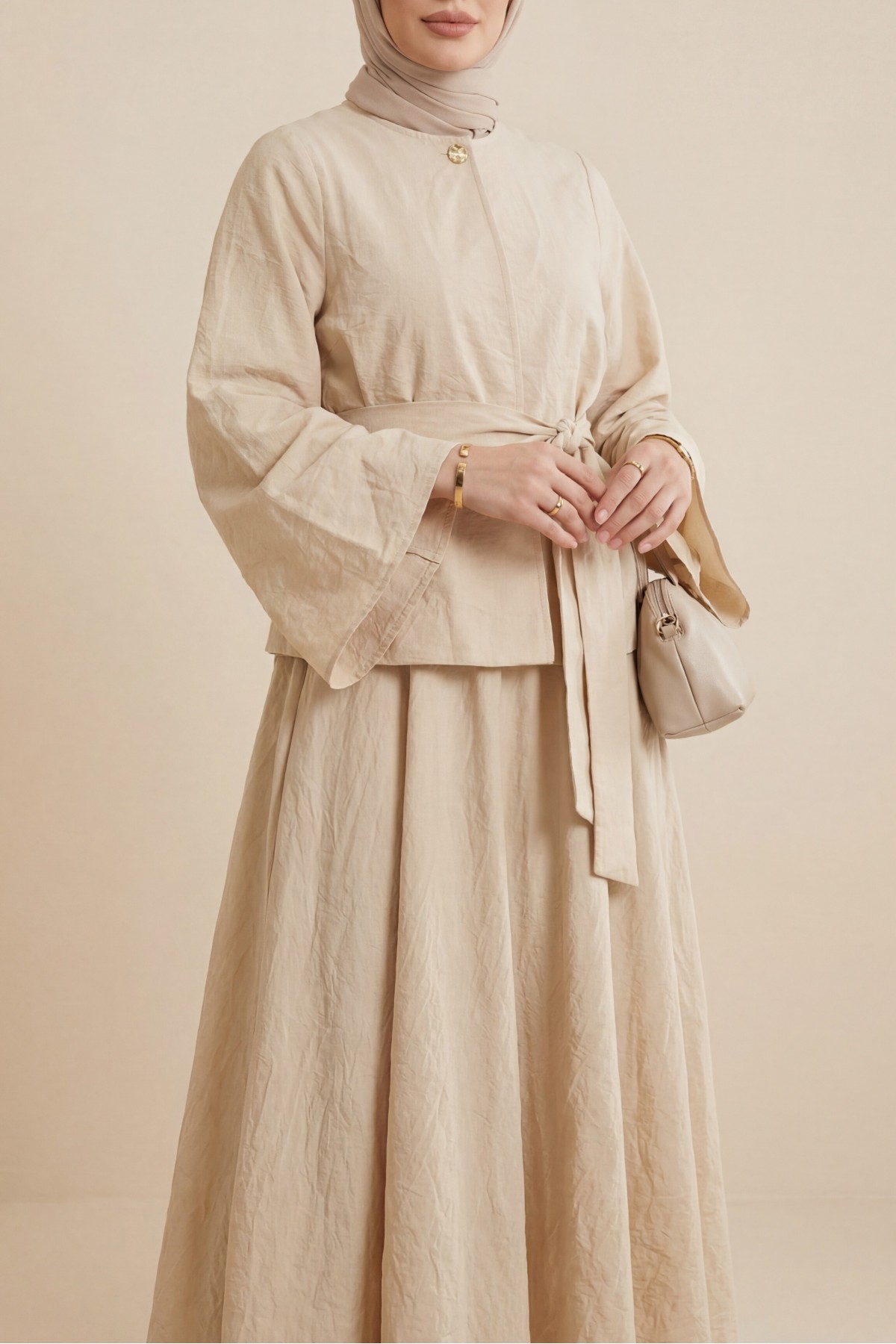 Tek Düğmeli Kuşaklı Etekliİkili Takım -Bej