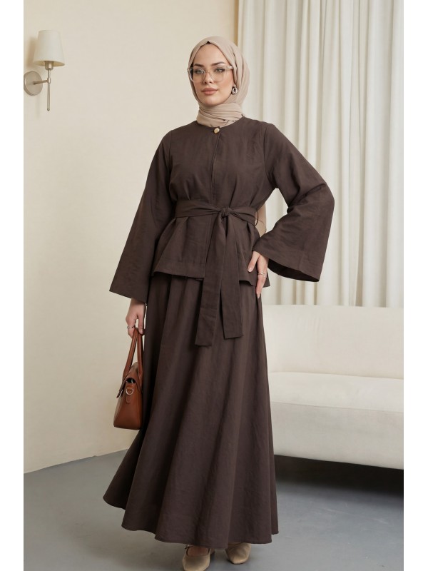 Tek Düğmeli Kuşaklı Etekliİkili Takım -Kahve