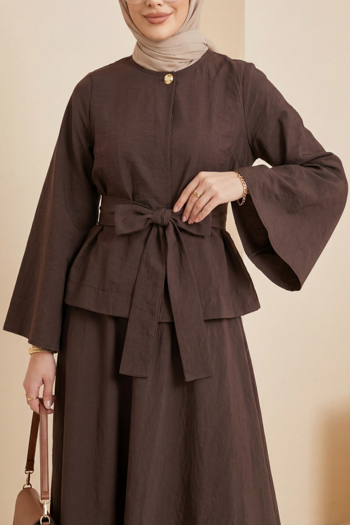 Tek Düğmeli Kuşaklı Etekliİkili Takım -Kahve