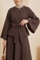 Tek Düğmeli Kuşaklı Etekliİkili Takım -Kahve