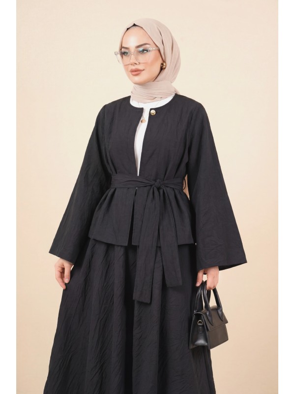 Tek Düğmeli Kuşaklı Etekliİkili Takım -Siyah