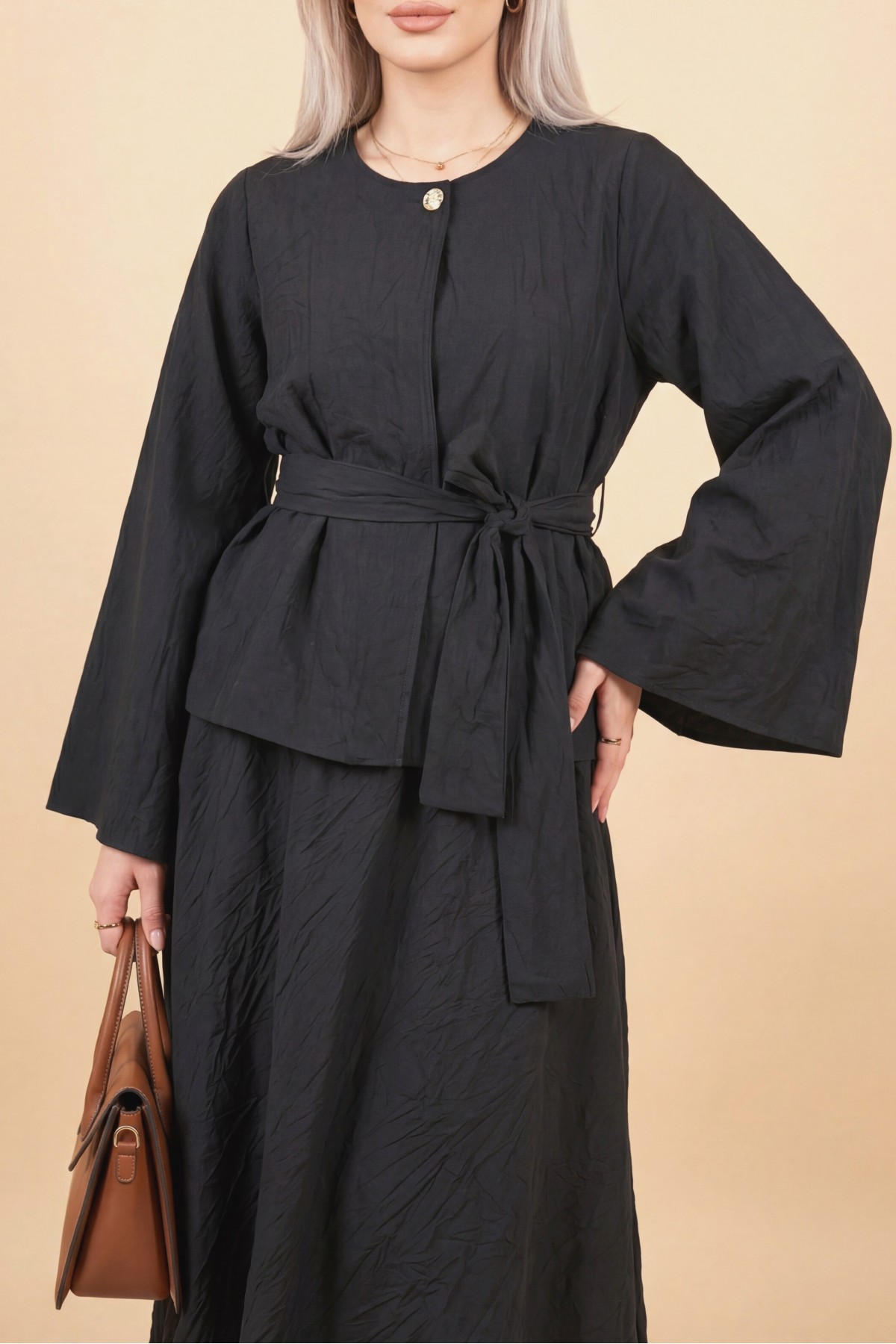 Tek Düğmeli Kuşaklı Etekliİkili Takım -Siyah