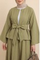 Tek Düğmeli Kuşaklı Etekliİkili Takım -Yağ Yeşili