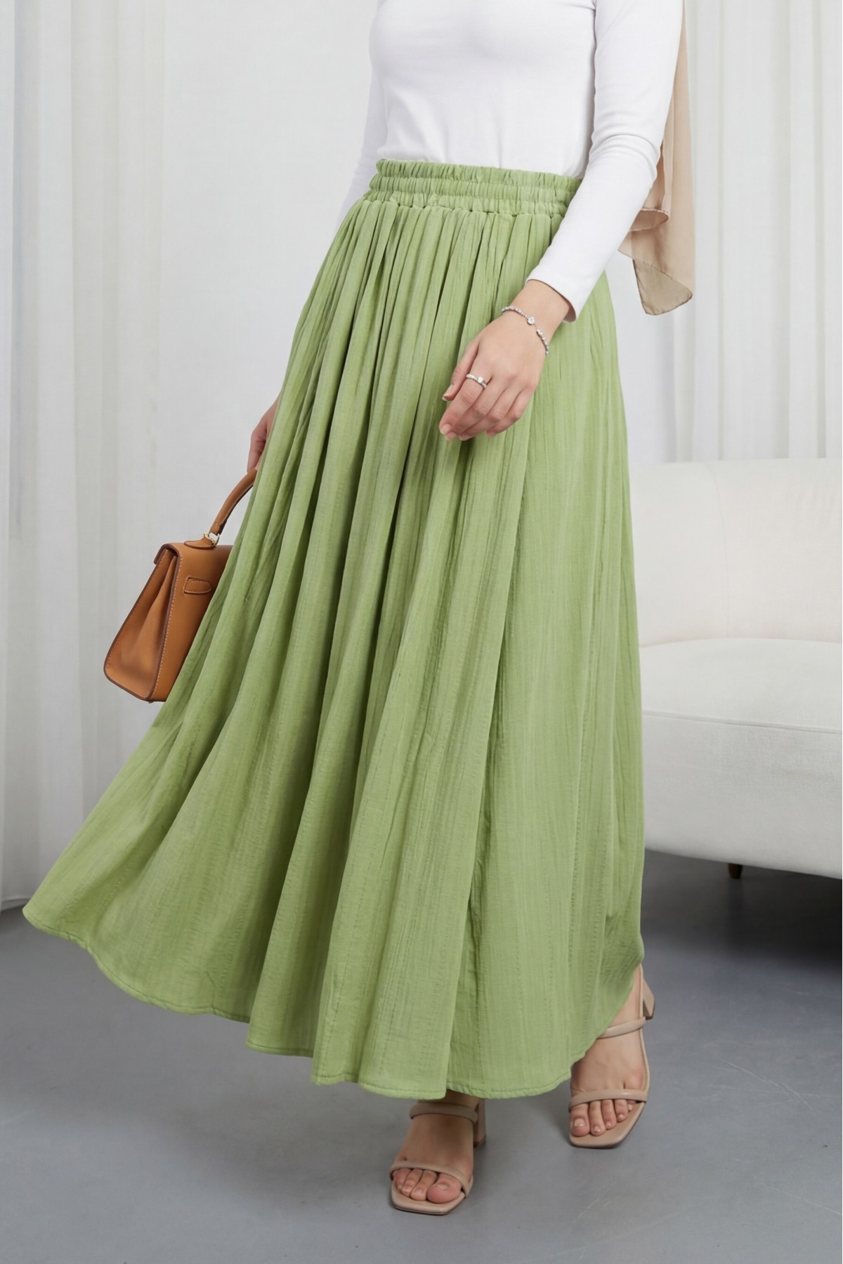 Beli Lastikli Astarlı Uzun Gofre Etek -A.Yeşil