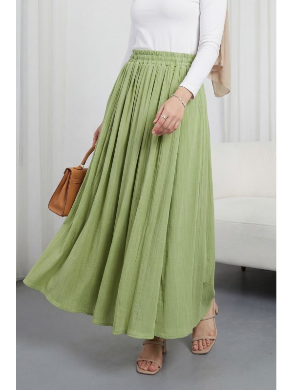 Beli Lastikli Astarlı Uzun Gofre Etek -A.Yeşil