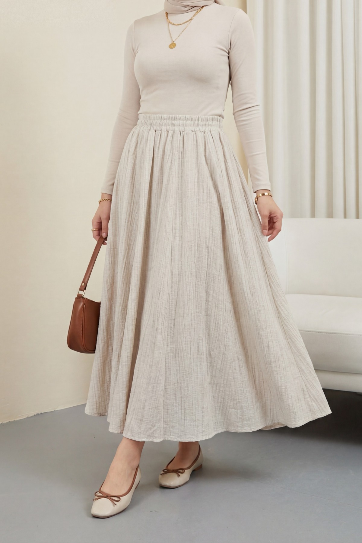 Beli Lastikli Astarlı Uzun Gofre Etek -Taş