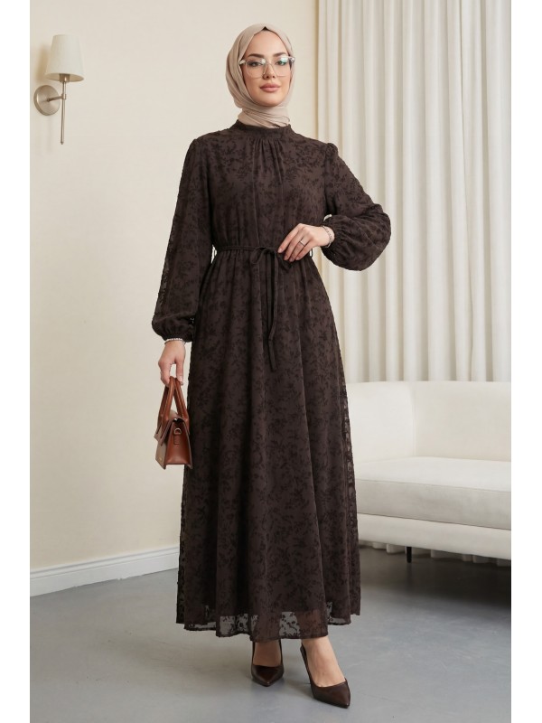 Dik Yaka Beli Bağcıklı Kolu Lastikli Astarlı Flog Baskılı Elbise -K. Kahve