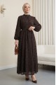 Dik Yaka Beli Bağcıklı Kolu Lastikli Astarlı Flog Baskılı Elbise -K. Kahve