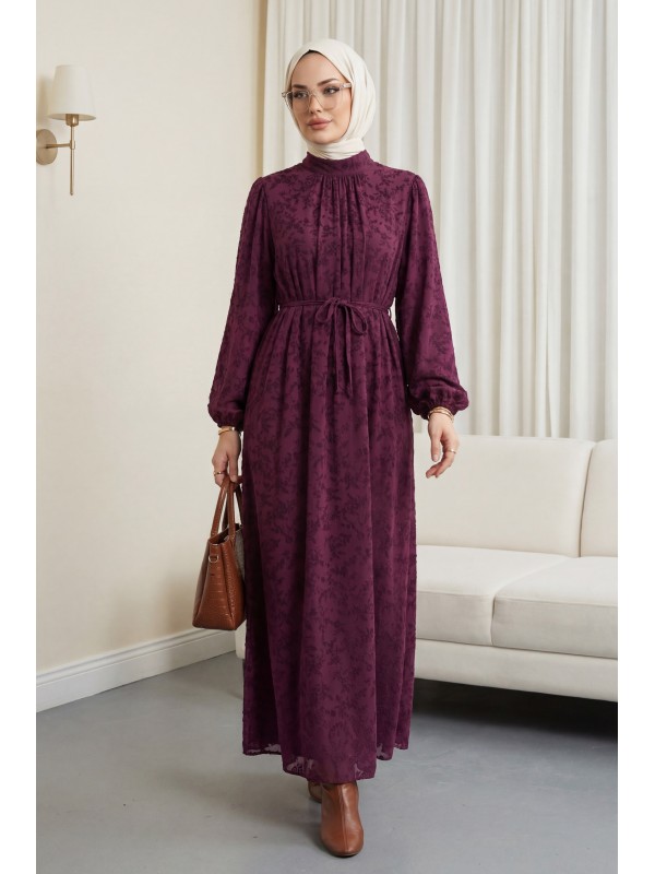 Dik Yaka Beli Bağcıklı Kolu Lastikli Astarlı Flog Baskılı Elbise -Mürdüm