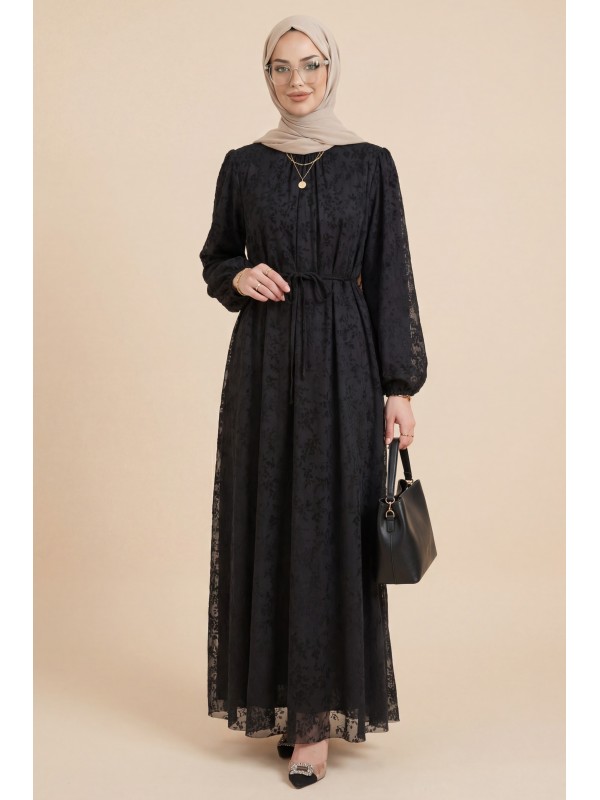 Dik Yaka Beli Bağcıklı Kolu Lastikli Astarlı Flog Baskılı Elbise -Siyah