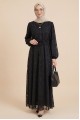 Dik Yaka Beli Bağcıklı Kolu Lastikli Astarlı Flog Baskılı Elbise -Siyah