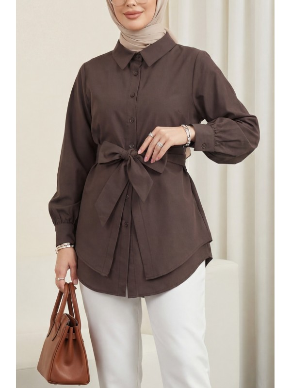 Kendinden Kuşaklı Poplin Tunik -Kahve