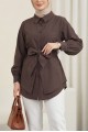 Kendinden Kuşaklı Poplin Tunik -Kahve