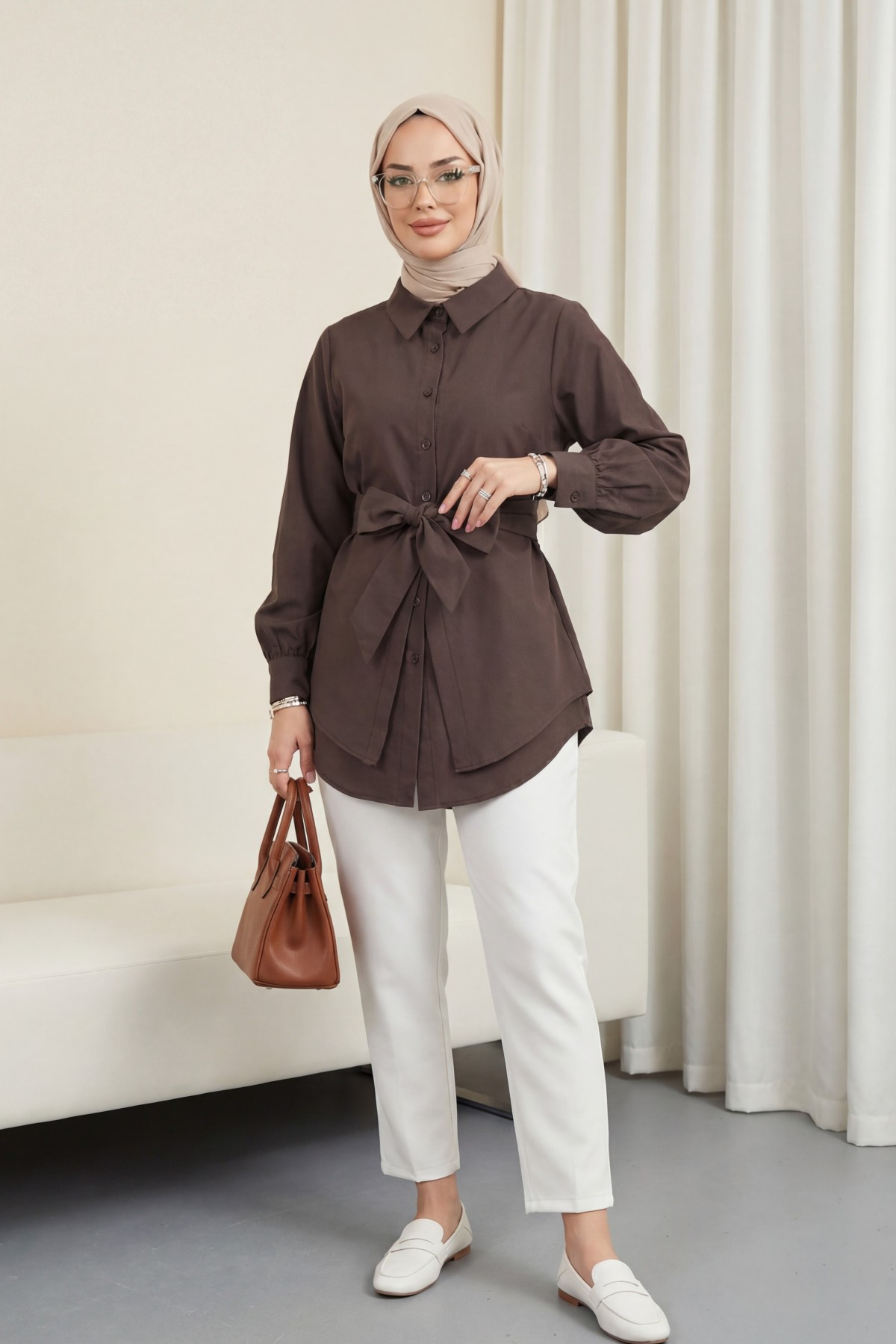 Kendinden Kuşaklı Poplin Tunik -Kahve