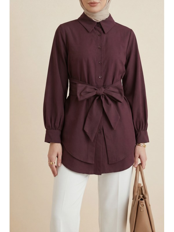 Kendinden Kuşaklı Poplin Tunik -Mürdüm