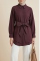 Kendinden Kuşaklı Poplin Tunik -Mürdüm