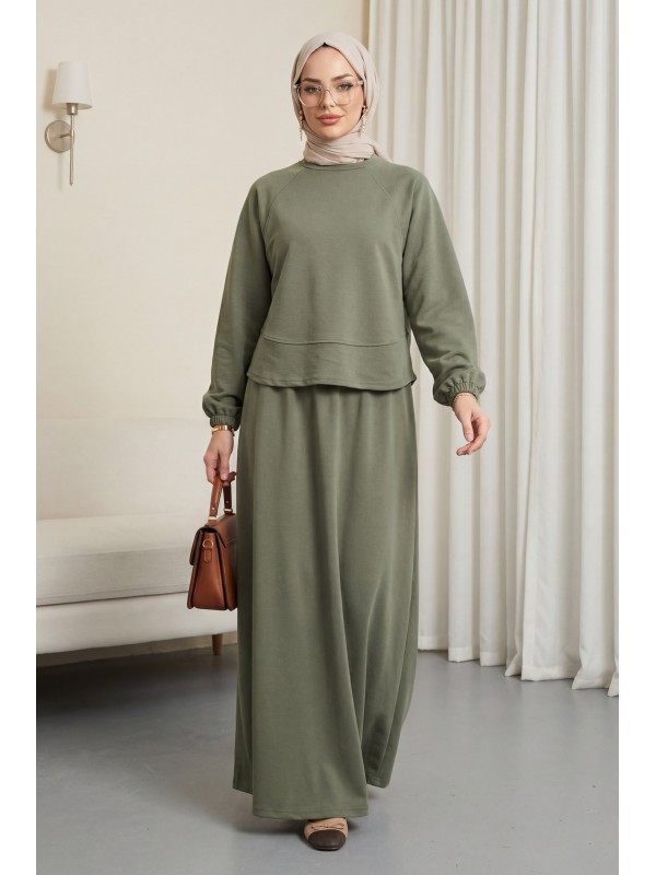 Yuvarlak Yaka Yarasa Kol Beli Lastikli Etekli Oyşo Takım  -Haki