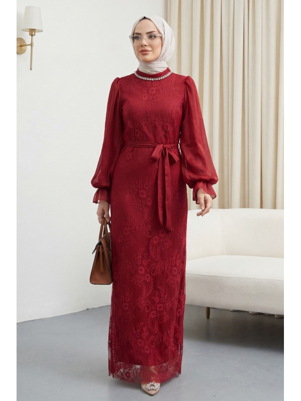 Dik Yaka Kolları Janjan Şifon Kemerli Dantel Elbise -Bordo