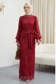 Dik Yaka Kolları Janjan Şifon Kemerli Dantel Elbise -Bordo