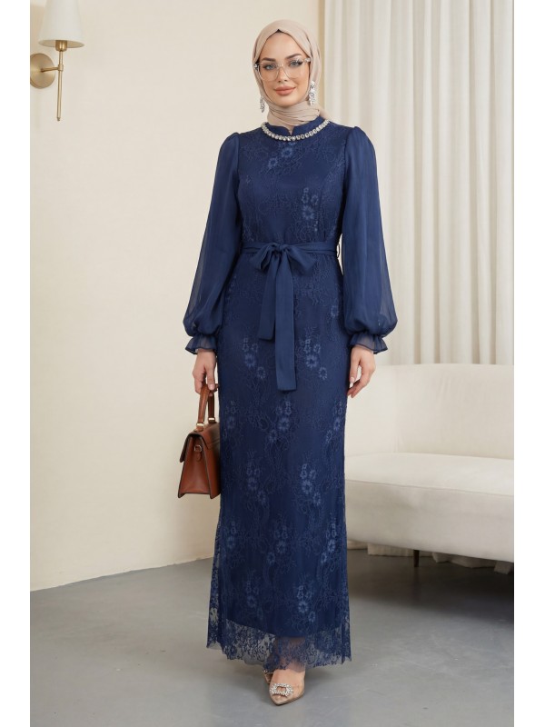 Dik Yaka Kolları Janjan Şifon Kemerli Dantel Elbise -Laci