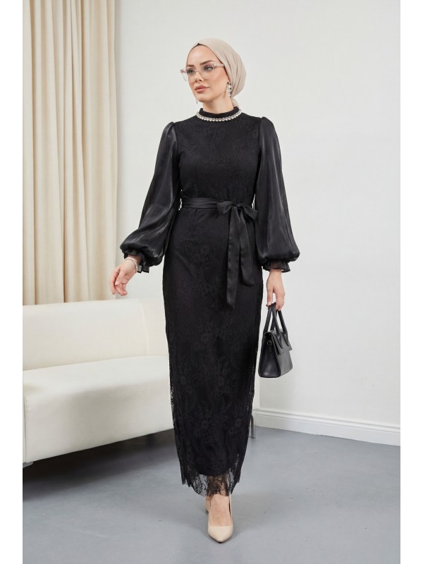 Dik Yaka Kolları Janjan Şifon Kemerli Dantel Elbise -Siyah