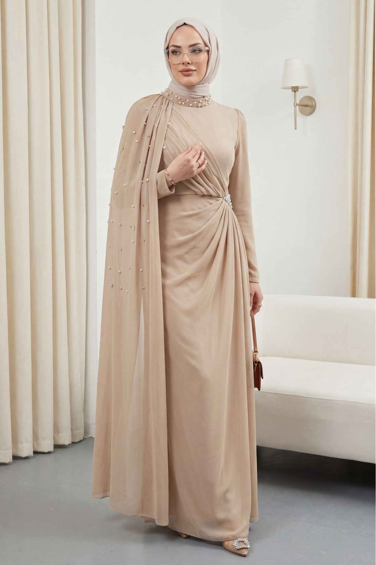 İnci Detaylı Tül Pelerinli Dik Yaka Abiye -Açık Vizon