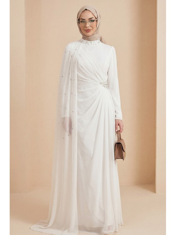 İnci Detaylı Tül Pelerinli Dik Yaka Abiye -Beyaz