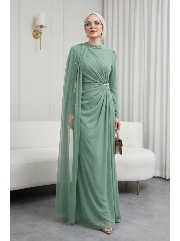 İnci Detaylı Tül Pelerinli Dik Yaka Abiye -Çağla Y.