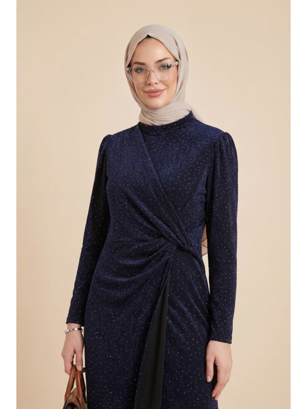 Beli Drapeli Önü Çift Kat Serpme Taş Detaylı Abiye -Laci