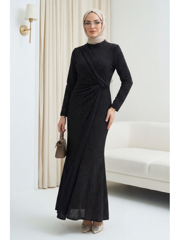 Beli Drapeli Önü Çift Kat Serpme Taş Detaylı Abiye -Siyah