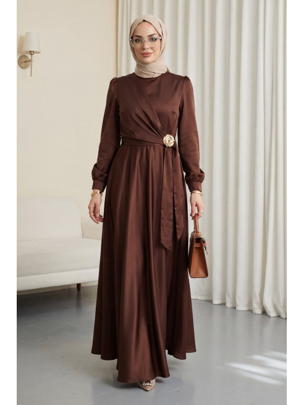 Beli Yandan Bağcıklı Tokalı Saten Abiye -Kahve