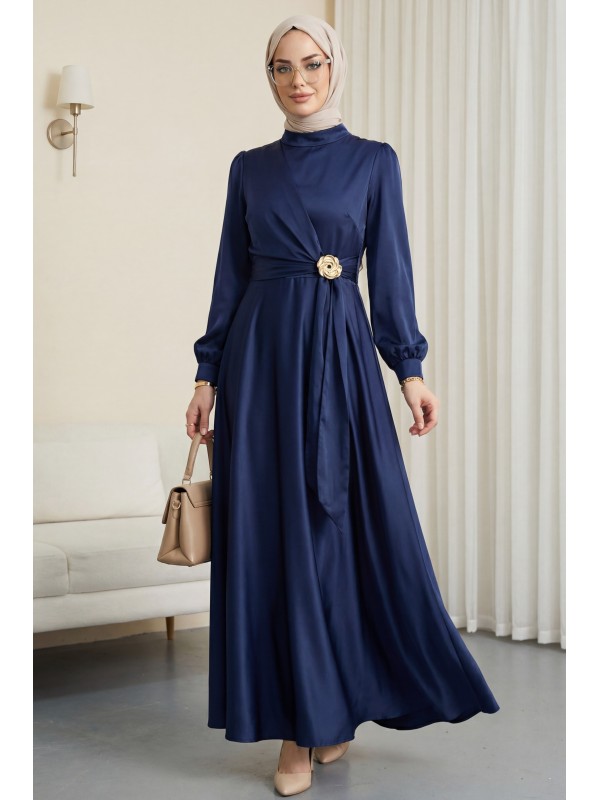 Beli Yandan Bağcıklı Tokalı Saten Abiye -Laci