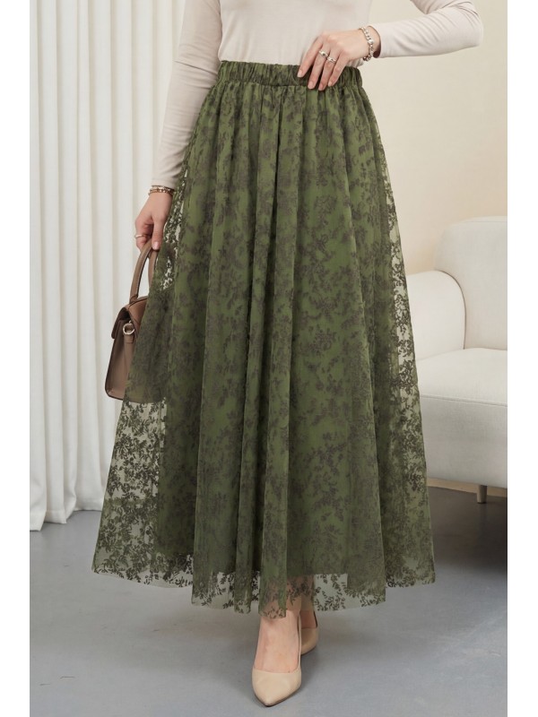 Beli Lastikli Flog Baskılı Astarlı Tül Etek -Haki