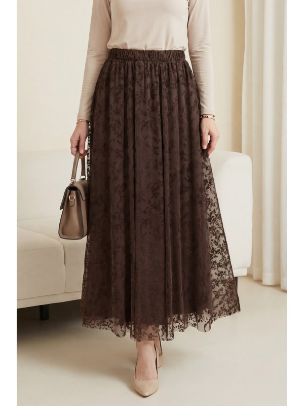 Beli Lastikli Flog Baskılı Astarlı Tül Etek -K. Kahve