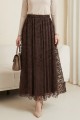 Beli Lastikli Flog Baskılı Astarlı Tül Etek -K. Kahve