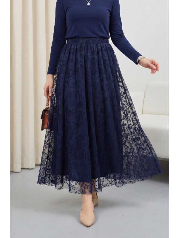 Beli Lastikli Flog Baskılı Astarlı Tül Etek -Laci