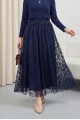 Beli Lastikli Flog Baskılı Astarlı Tül Etek -Laci