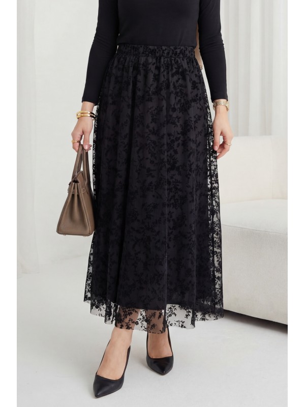 Beli Lastikli Flog Baskılı Astarlı Tül Etek -Siyah