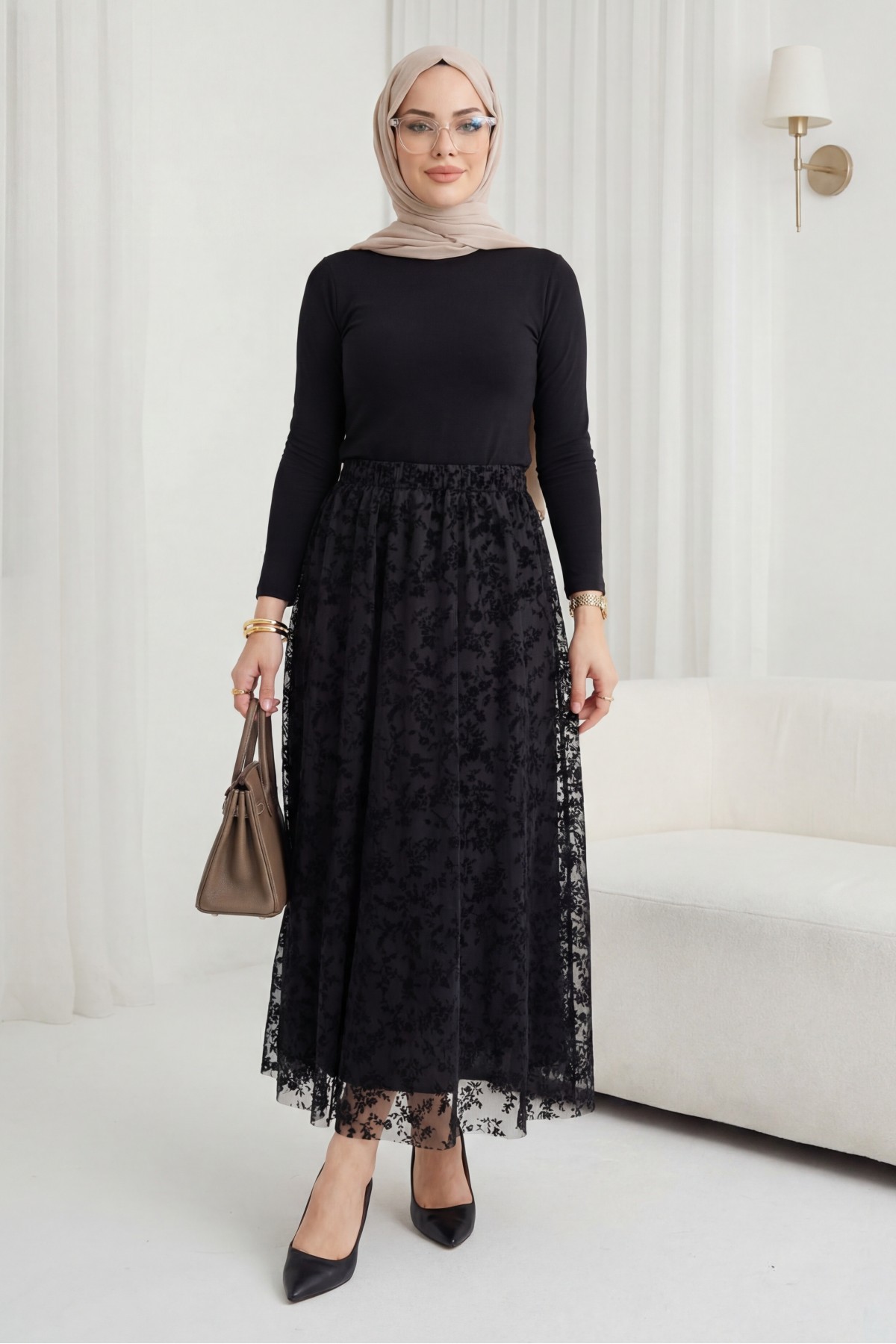 Beli Lastikli Flog Baskılı Astarlı Tül Etek -Siyah