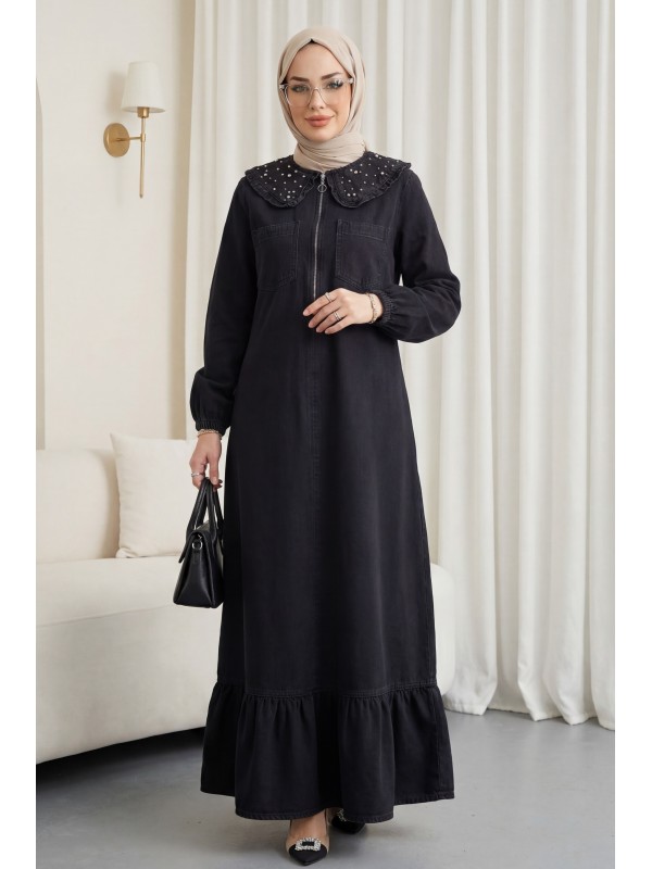Bebe Yaka Yarım Fermuarlı İnci Detaylı Kemerli Kot Elbise  -Siyah