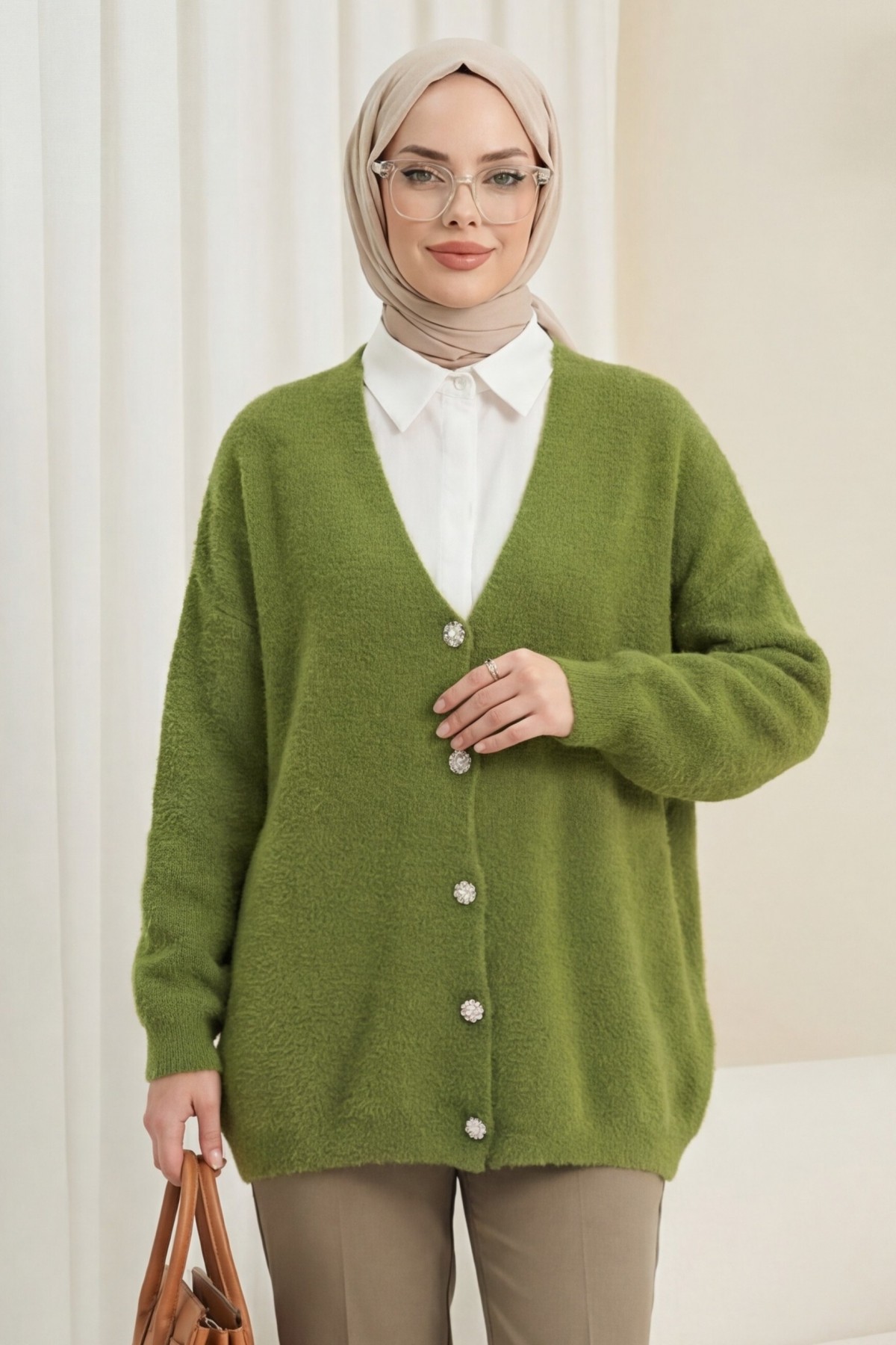 Önü Düğmeli Sakallı Salaş Triko Hırka    -Haki