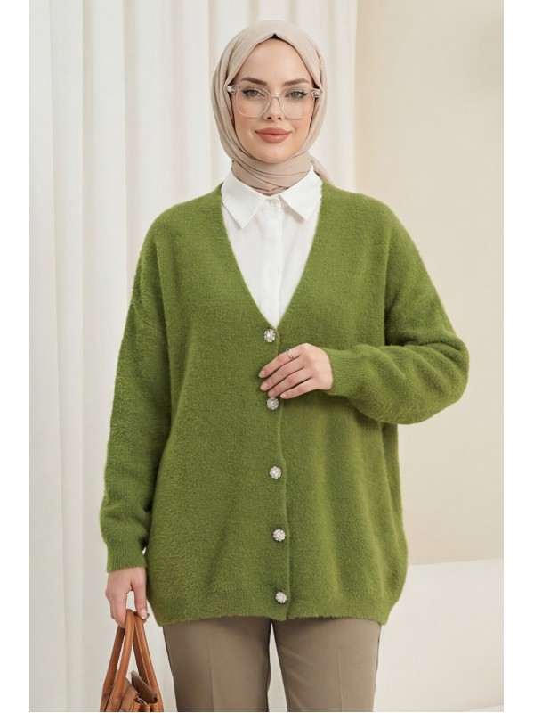 Önü Düğmeli Sakallı Salaş Triko Hırka    -Haki