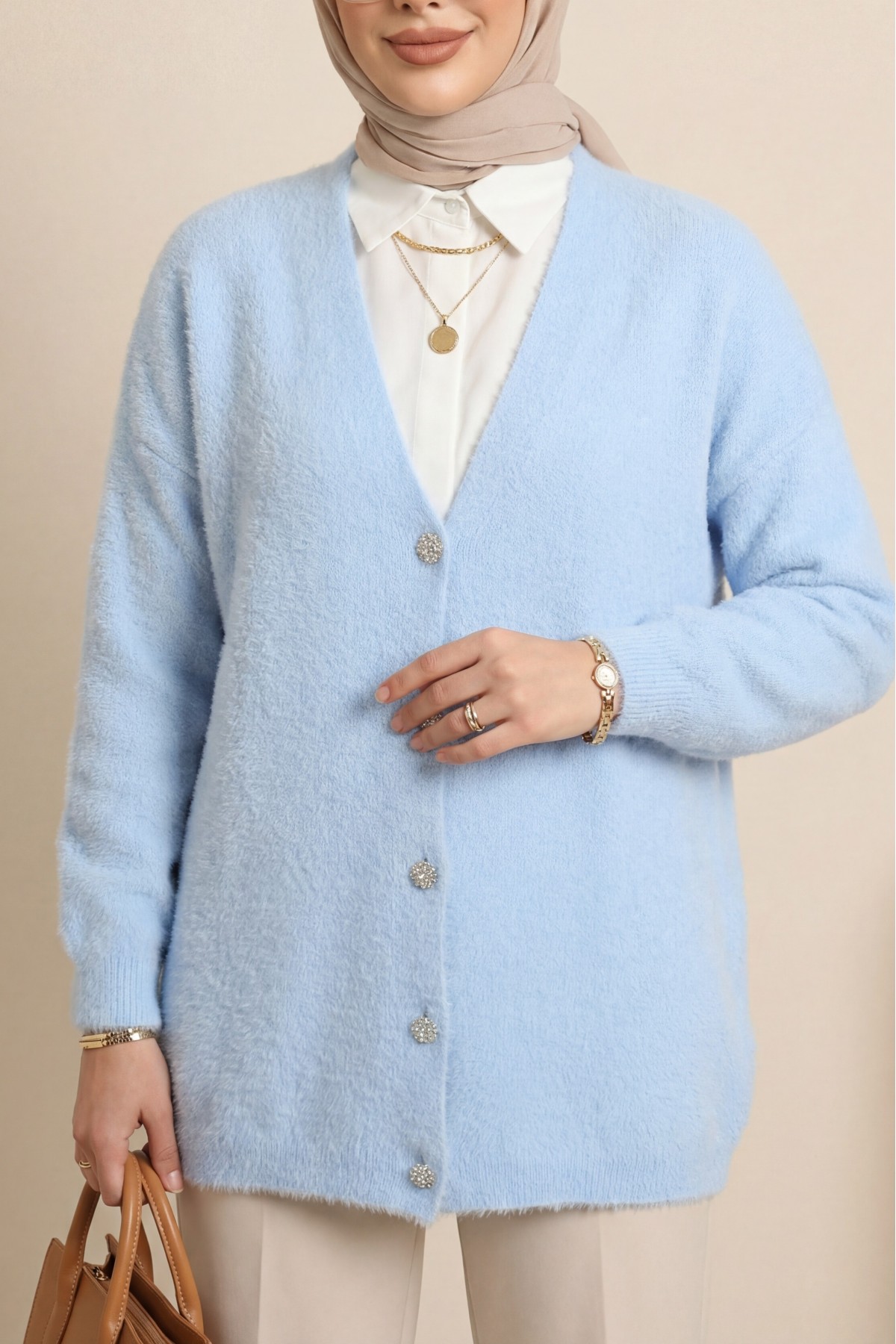 Önü Düğmeli Sakallı Salaş Triko Hırka    -Mavi